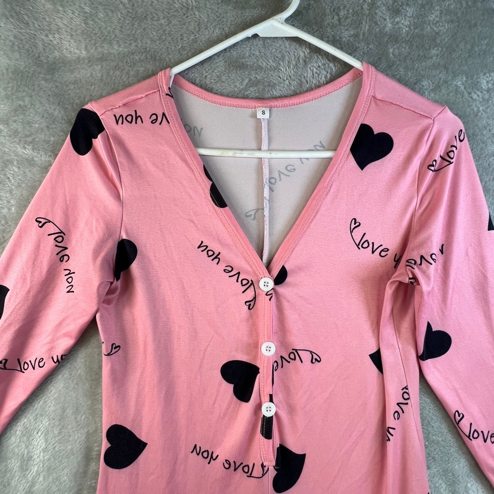 Womens S Pajama Sleepwear‎ Set Pink Hearts Love You One Piece Comfy Adult Onesie